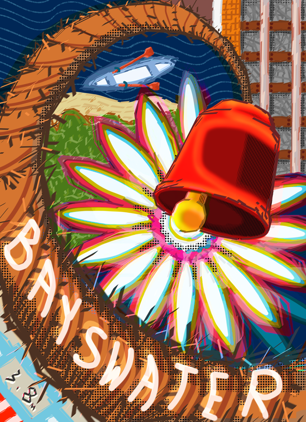 Digital artwork of a large red bell on the end of a curled rope. Large white text reads 'Bayswater'. Underneath the bell is a large white flower, a snippet of train track, a river with a kayak, and swimming pool.